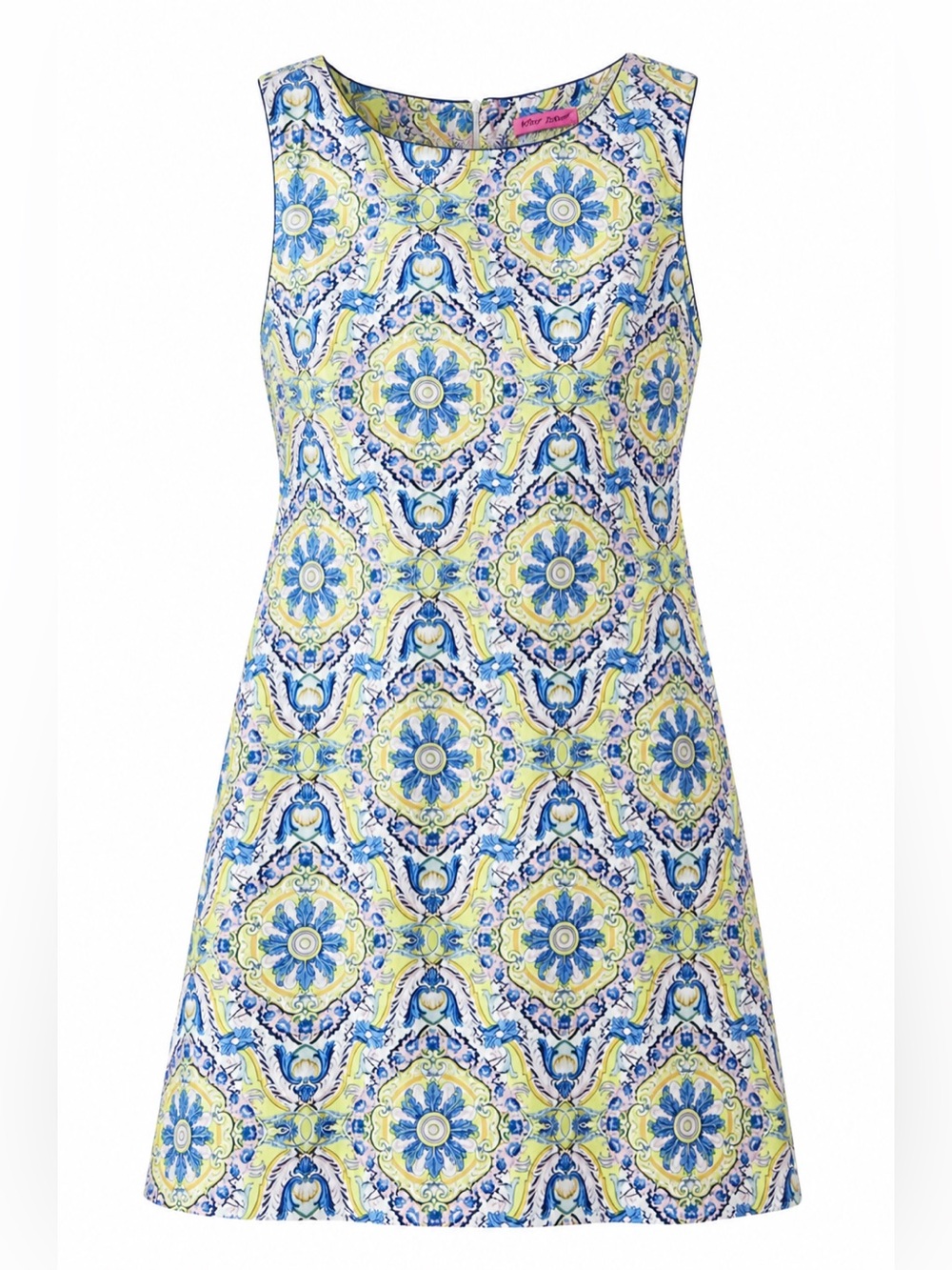 Betsey Johnson Blue and Yellow Tile-Print Mini Dress